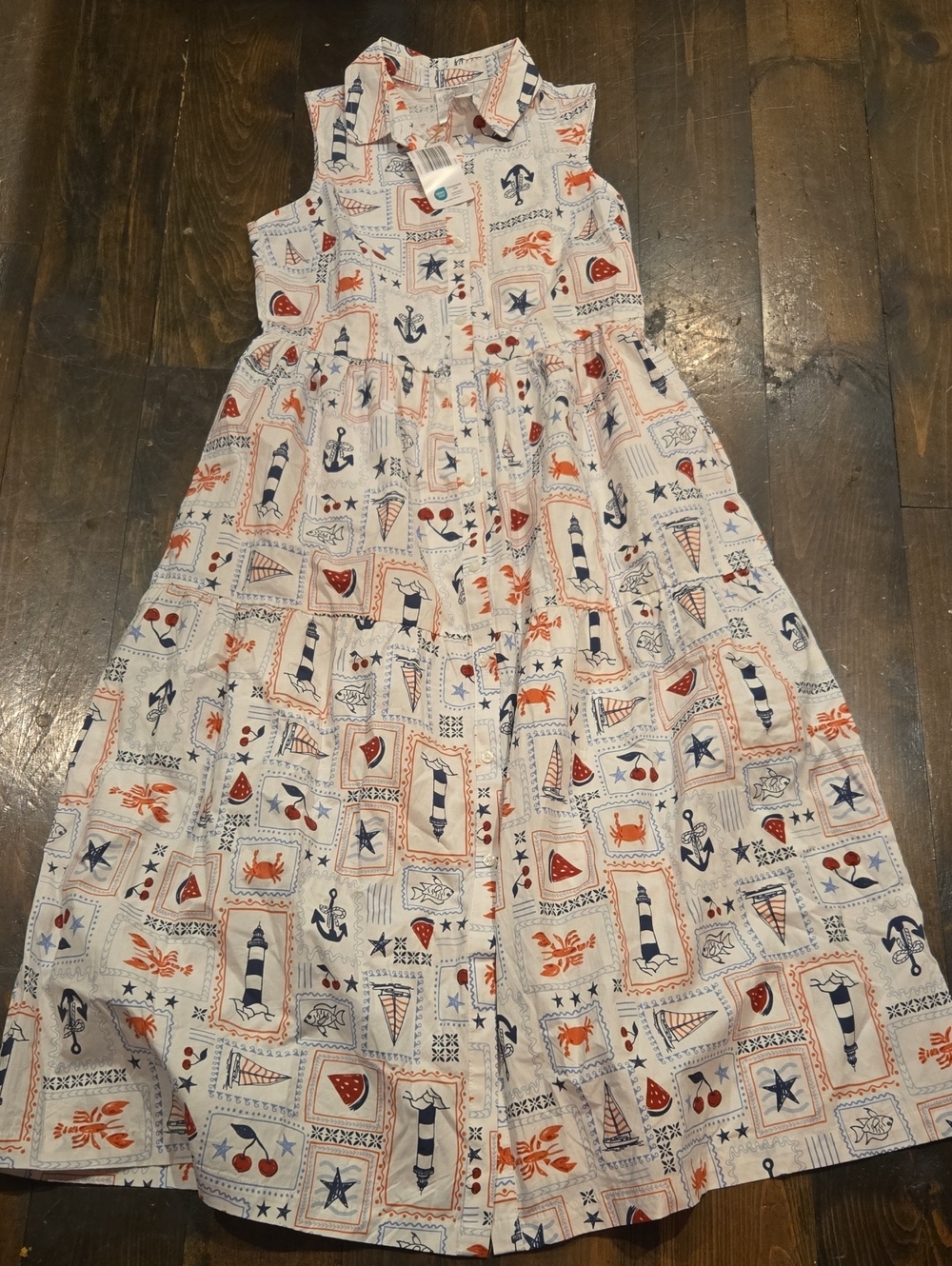 Womens Nautical Print Sleeveless Cotton Dress - White with Navy & Red NWT Sz S